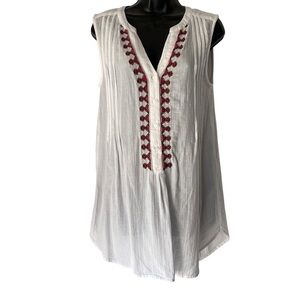 SUNDANCE White Tunic tank top coverup Women M Petite buttons Pleated embroidery